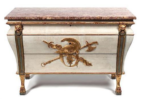 An Italian Neoclassical Style Painted and Parcel Gilt Bombe Commode Height 35 x width 52 x depth 20 1/2 inches.