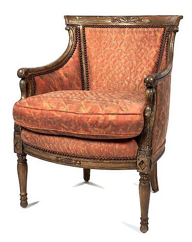 An Italian Neoclassical Giltwood Armchair Height 32 inches.