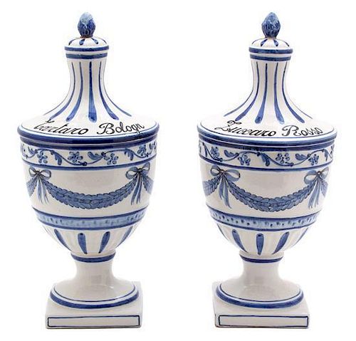 A Pair of Italian Glazed Ceramic Covered Apothecary Urns Height 11 inches.