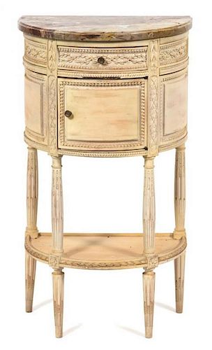 A Louis XVI Style Marble Top Demilune Cabinet Height 34 x width 18 1/2 x depth 12 inchces.