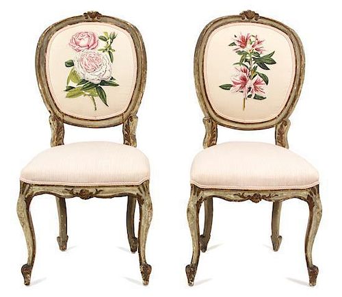 A Pair of Louis XV Style Parcel Gilt Side Chairs Height 39 inches.