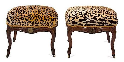A Pair of Louis XV Style Carved Mahogany Taborets Height 16 x width 19 x depth 19 inches.