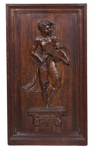 An English Relief Carved Oak Panel Height 37 x width 19 inches.