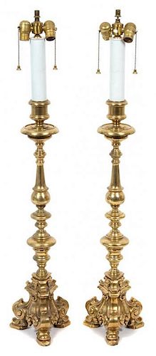 A Pair of Brass Pricket Style Table Lamps Height 44 inches.