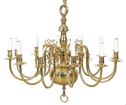 A Federal Style Brass Twelve-Light Chandelier Height 28 x diameter 32 inches.
