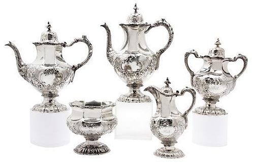 A Five-Piece American Silver Tea and Coffee Service, William Gale & Sons, New York, comprising a coffee pot, teapot, creamer,