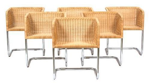 Fabricus and Kastholm (Danish, 20th Century), HARVEY PROBBER, 1960s, wicker bucket chairs, having a cantilever chrome tubular
