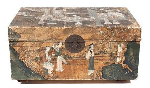 A Chinese Fabric Covered Trunk Height 14 x width 28 x depth 18 inches.