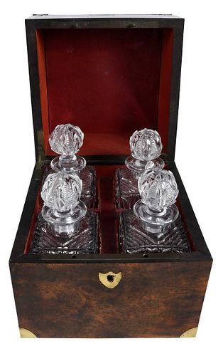 Georgian Brass Mounted Burlwood Box with Four Glass Decanters