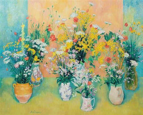 Andre Vignoles, (French, b. 1920), Seven Vases with Flowers