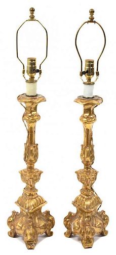 A Pair of Italian Giltwood Pricket Style Table Lamps Height 23 inches.
