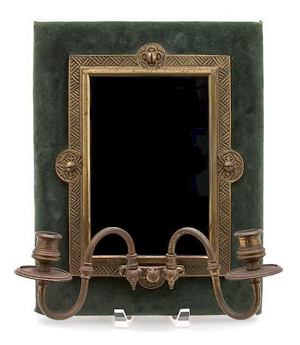 An Ebonized and Gilt Metal Mounted and Mirrored Two-Light Wall Sconce Height 14 x width 11 x depth 6 1/2 inches.