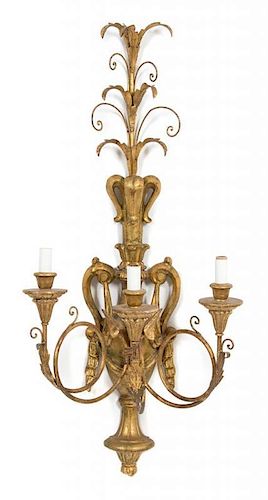 An Italian Louis XV Style Giltwood Three-Light Wall Sconce Height 34 inches.