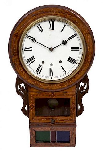 A Continental Marquetry Inlaid Wall Clock Height 28 x width 16 x depth 5 1/2 inches.