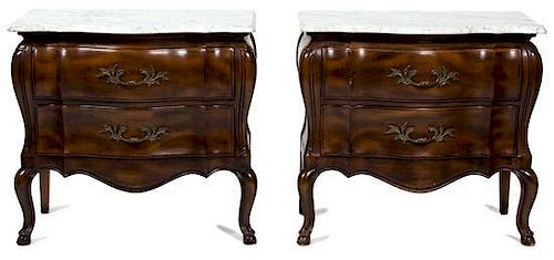 A Pair of Louis XV Style Mahogany Bombe Commodes Height 26 3/4 x width 30 x depth 15 inches.