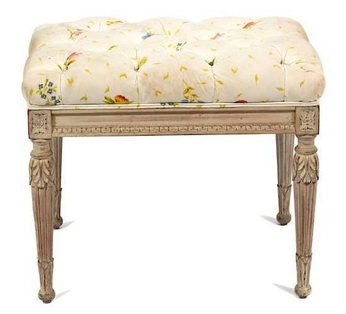 A Louis XVI Style Carved and Painted Wood Bench Height 16 x width 21 x depth 16 inches.