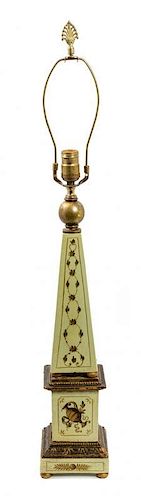 A Painted Ceramic and Gilt Obelisk-Form Table Lamp Height 32 x width 5 1/4 x depth 5 1/4 inches.