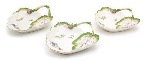 Three Mottahedeh Porcelain Hand-Painted Leaf-Form Plates Length 7 1/2 inches.