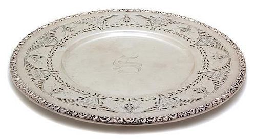 An American Silver Serving Plate, 20th Century, having pierced border and etched decoration, monogrammed