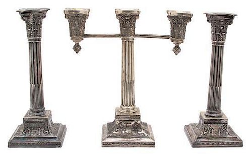 A Set of Three Wilcox Silver-Plate Candelabra, 20TH CENTURY, comprising a three-light candelabrum and two single candlesticks
