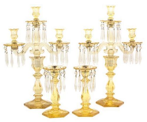 A Pair of Yellow Crystal and Beaded Four-Light Candelabra Height 20 1/4 inches.
