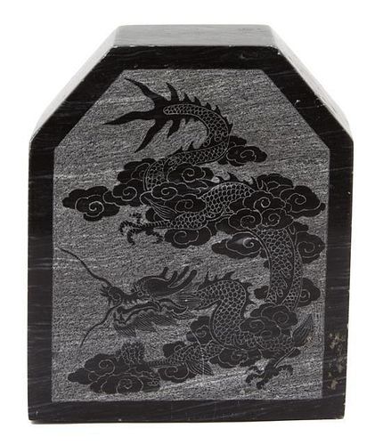An Etched Black Marble Plinth Height 6 inches.