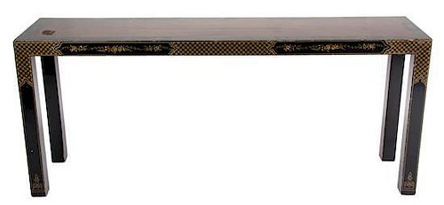 A Black and Gilt Chinoiserie Decorated Console Table Height 25 1/2 x width 60 1/4 x depth 15 inches.