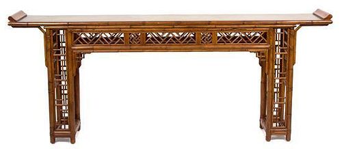 A Faux Bamboo Altar Table Height 34 1/2 x length 86 1/2 x depth 14 1/2 inches.
