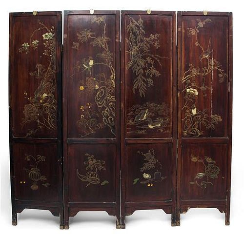 A Chinese Lacquered Four Panel Floor Screen Height of each 72 x width 18 inches.