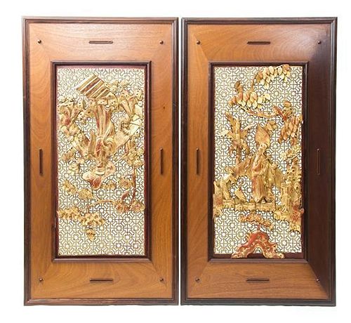 A Pair of Chinese Parcel-Gilt and Lacquered Recticulated Panels Height 36 1/2 x width 17 inches.