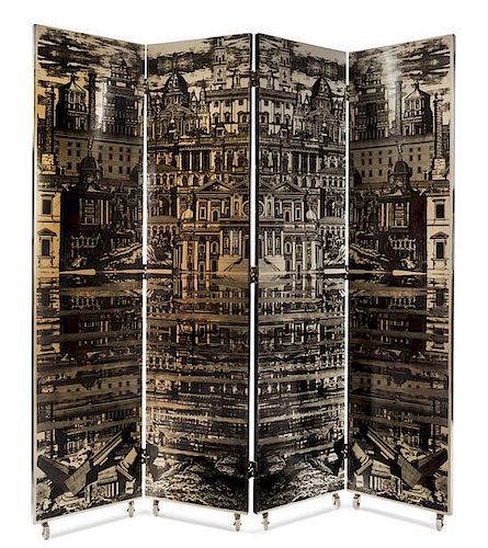 * Piero Fornasetti (Italian, 1913-1988), FORNASETTI MILANO, c. 1950s, La Citta Riflettente four-panel folding screen