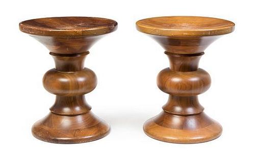 * Charles and Ray Eames, HERMAN MILLER, c. 1960, a pair of walnut Time Life stools
