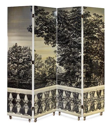 * Piero Fornasetti (Italian, 1913-1988), FORNASETTI MILANO, c. 1950s, Bosco con Balaustra four-panel folding screen folding s