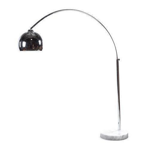 An Arco Floor Lamp, with a marble base and chromed metal shade Height 68 x width 60 inches