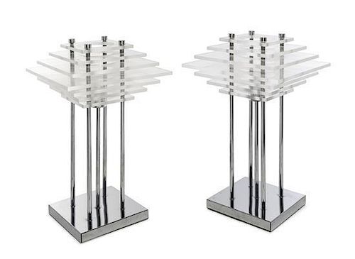 A Pair of Acrylic and Chromed Aluminum Lamps Height overall 20 inches