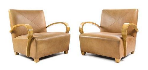 A Pair of American Maple and Leather Lounge Chairs, Height 30 inches