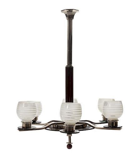 An Art Deco Six-Light Chrome, Wood and Opaline Glass Chandelier Height 31 1/2 x diameter 24 1/2 inches