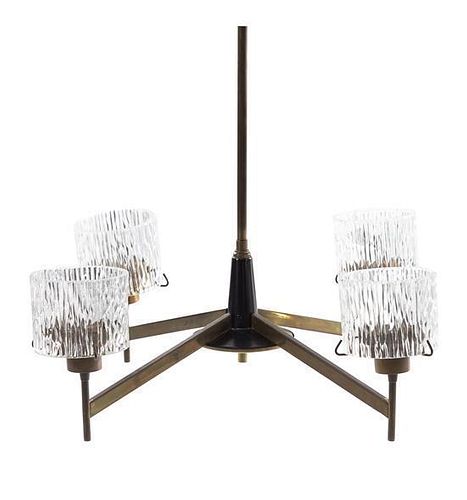 An Art Deco Glass and Metal Four-Light Chandelier Height 24 x diameter 24 inches
