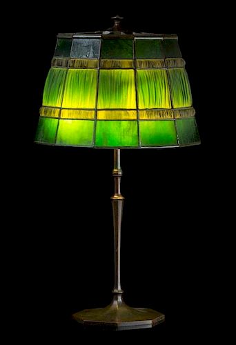 * Tiffany Studios, a linenfold table lamp, Height 27 x shade diameter 15 inches