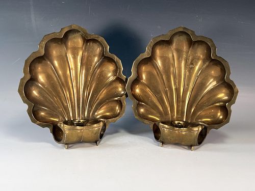 PAIR INDIAN BRASS SHELL FORM WALL SCONCES CANDLE HOLDERS