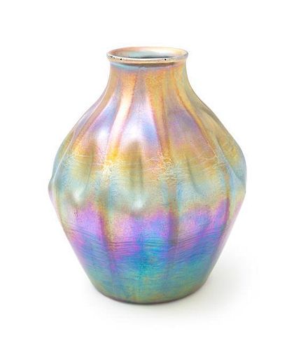 Tiffany Studios, a Favrile glass vase, of lobed baluster form with exaggerated ribbing