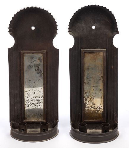 SHEET-IRON HANGING MIRRORED CANDLE SCONCES, PAIR