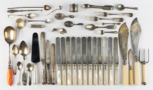 ASSORTED STERLING, SILVER-PLATED, AND OTHER FLATWARE AND ARTICLES, LOT OF 43