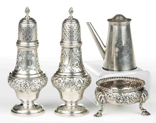 ENGLISH STERLING AND CHINESE EXPORT SILVER TABLE ARTICLES, LOT OF FOUR