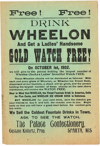 1902 Broadside Wheelon Ice Cream Soda Gold Watch Contest Sparta Wisconsin