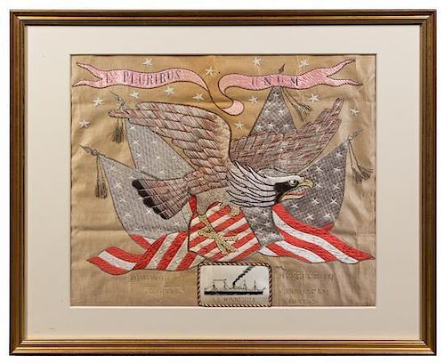 JAPANESE EMBROIDERED SILK PANEL Depicts an eagle and the motto of the United Sates. Framed.