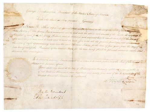 (AMERICANA) (PRESIDENTS) WASHINGTON, GEORGE. Handwritten Document signed ("G. Washington"), Philadelphia, January 28, 1794.
