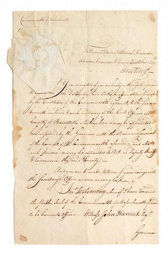 (AMERICANA) HANCOCK, JOHN 12 1/2 x 8 inches. Autographed document, signed as Govenor. Dated February, 18 1784. 2 pages.