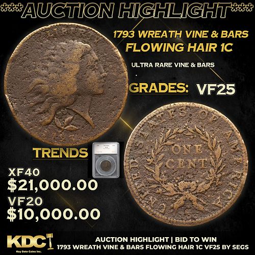***Auction Highlight*** 1793 Wreath Vine & Bars Flowing Hair large cent 1c Graded vf25 BY SEGS (fc)