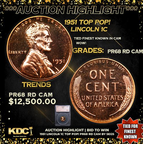 Proof ***Auction Highlight*** 1951 Lincoln Cent TOP POP! 1c Graded pr68 rd cam BY SEGS (fc)